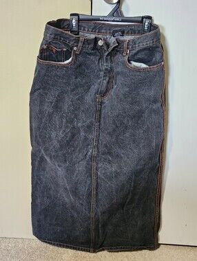 Women's Moto Blue Denim Dark Wash Y2K Long Maxi Skirt - Size 13/14 Button & Zip